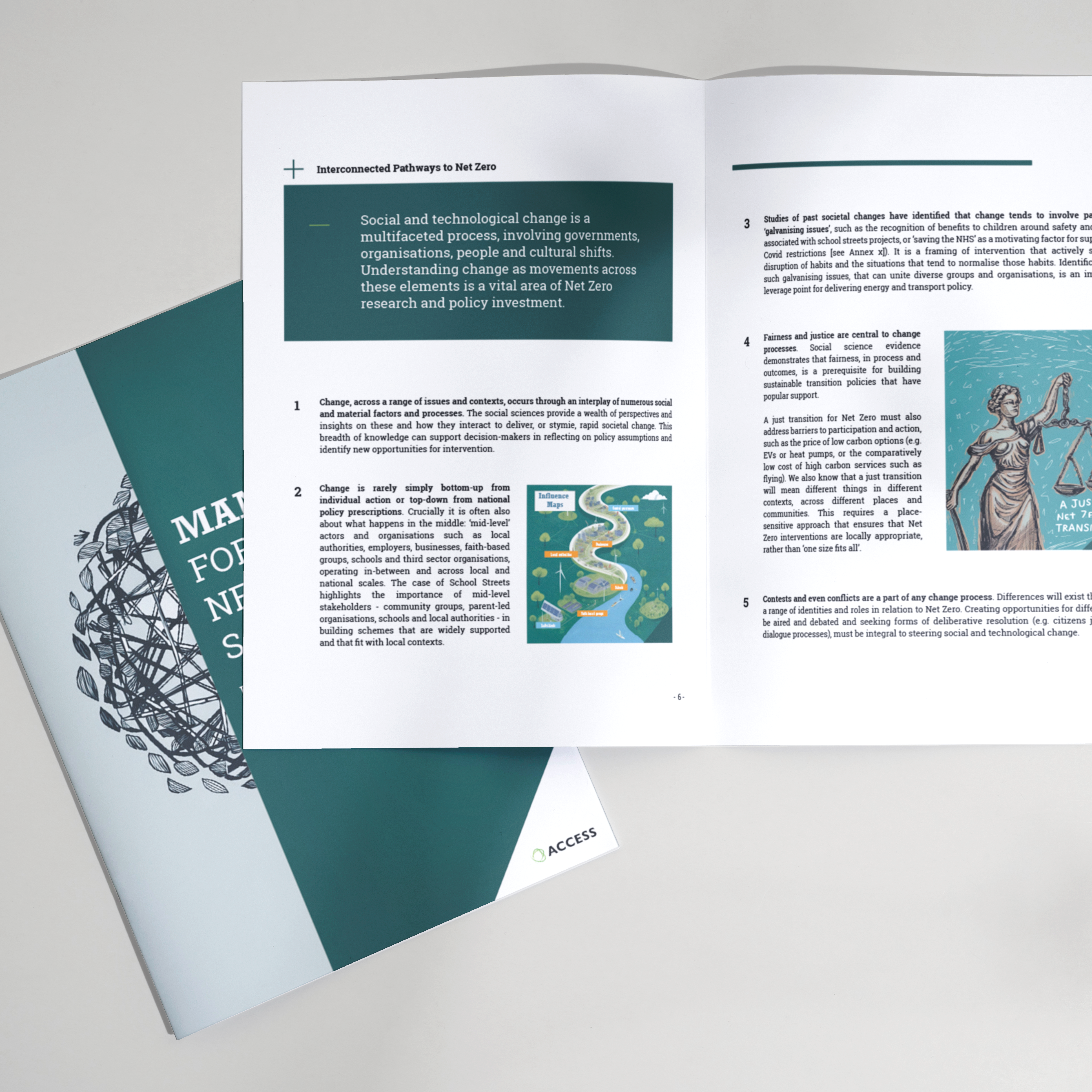 Open brochure showing a two-page spread about pathways to Net Zero with five numbered points on social and technological change. Features teal and white design with a tree illustration. Explains how various stakeholders can collaborate toward climate goals through multilevel approaches and equitable solutions.